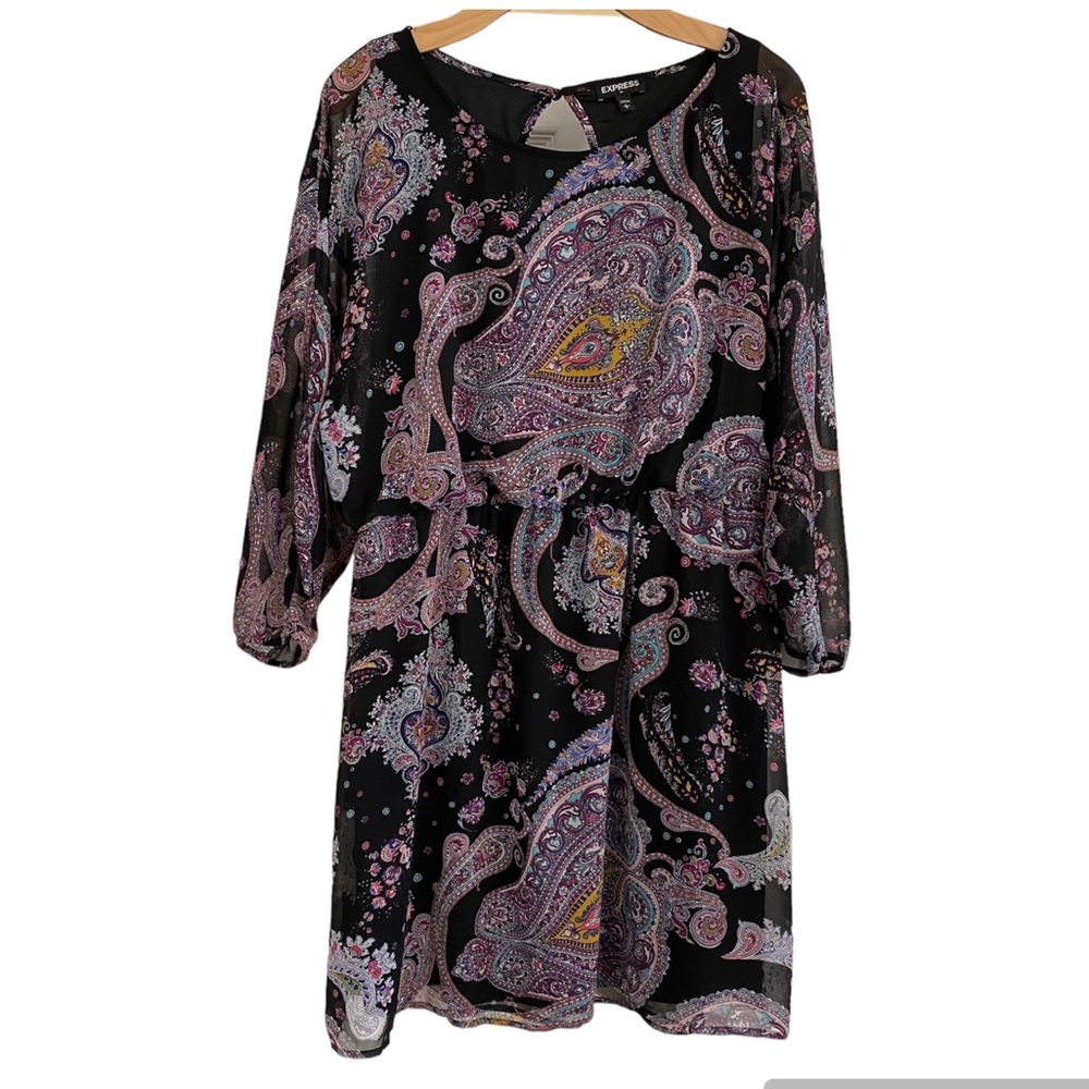 EXPRESS Purple & Black Paisley Print Flowy 3/4 Sleeve Mini Dress Size Large